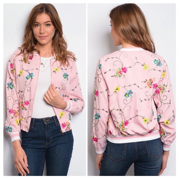 littlegypsie Jackets & Blazers - Floral Embroidered Pink Bomber Jacket